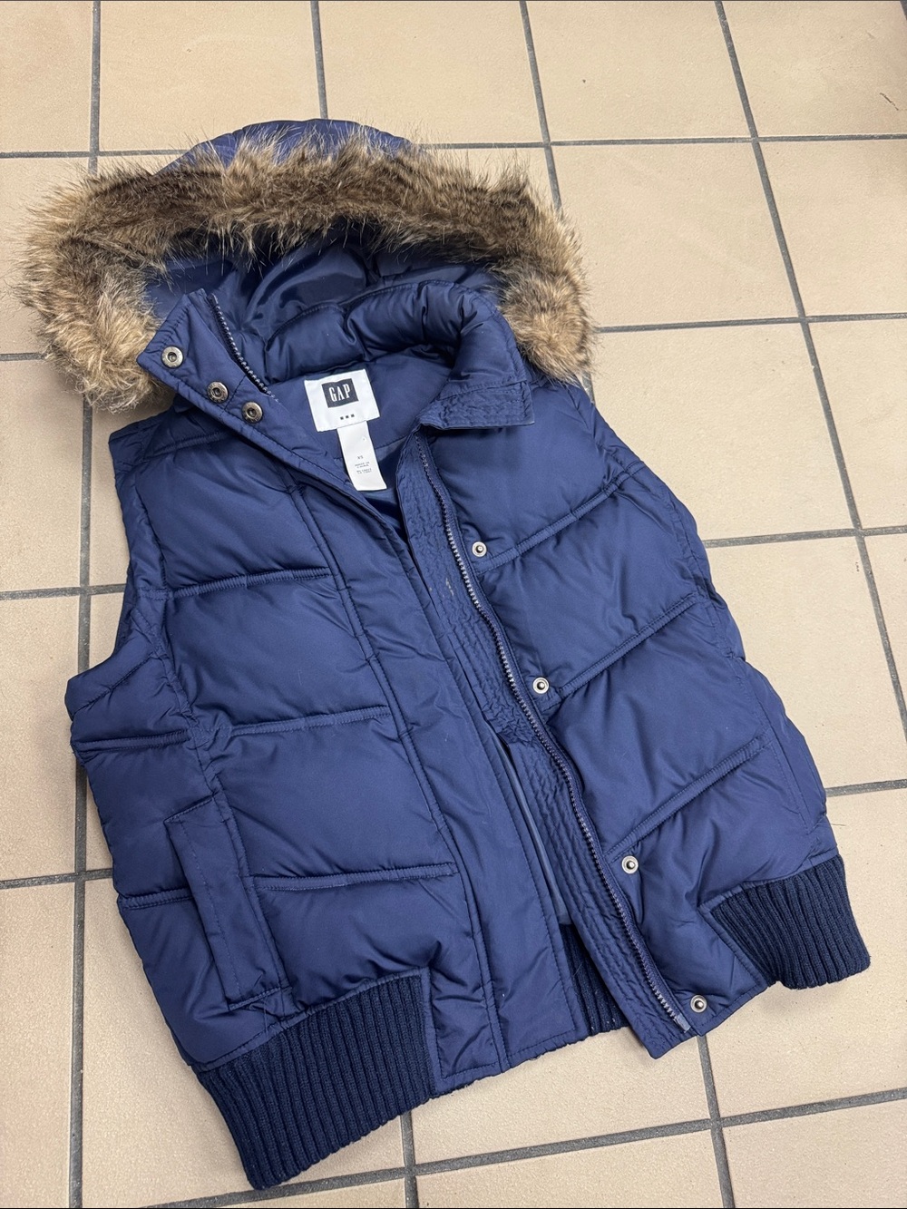 GAP Navy Quilted Puffer Vest with Faux Fur-Trim Hood